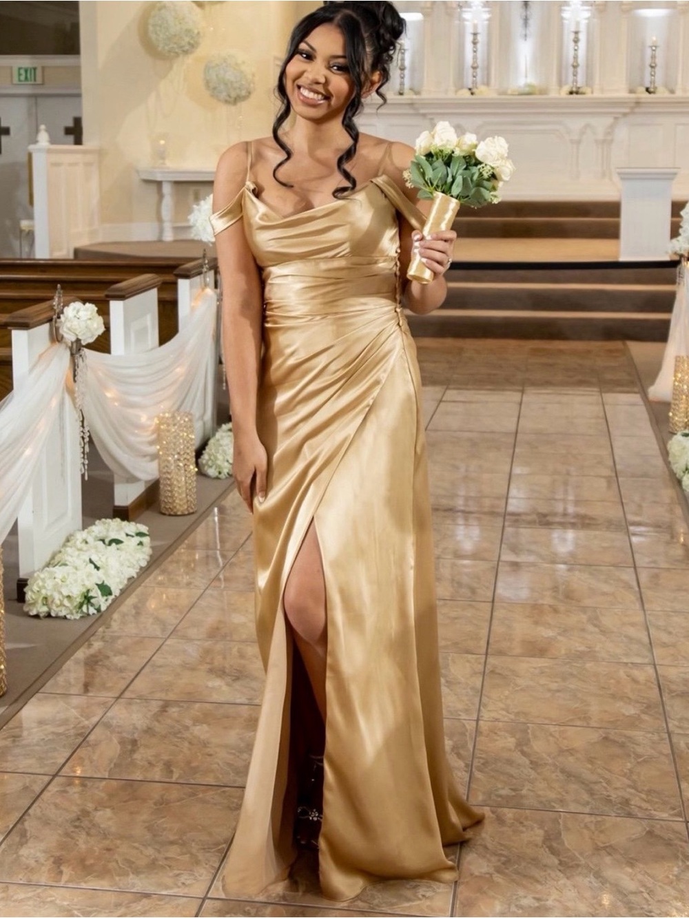 Elegant Gold Satin Off-Shoulder Evening Dress